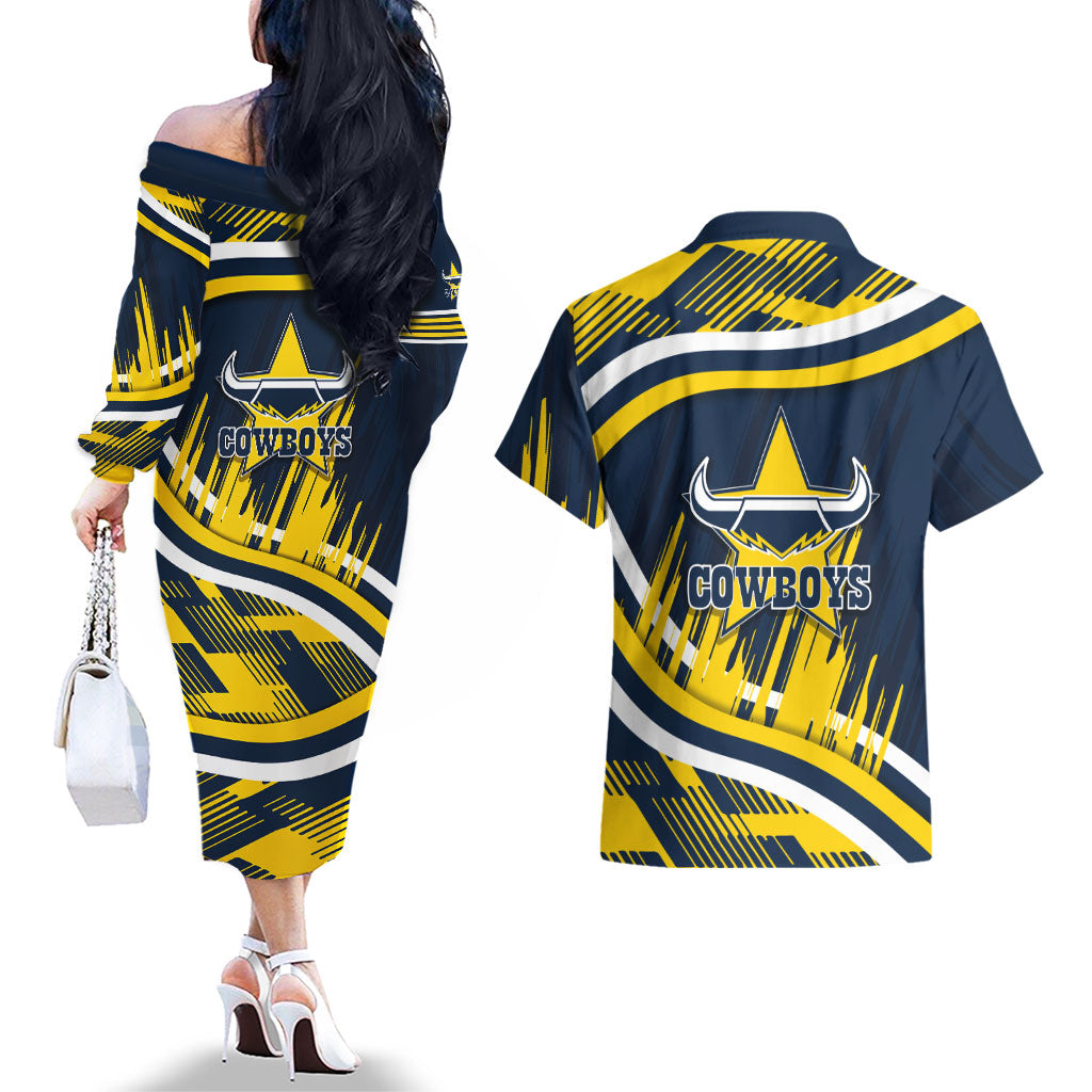 Cowboys Rugby Mascot Couples Matching Off The Shoulder Long Sleeve Dress and Hawaiian Shirt Fierce Athlete Graphic in Sports Style