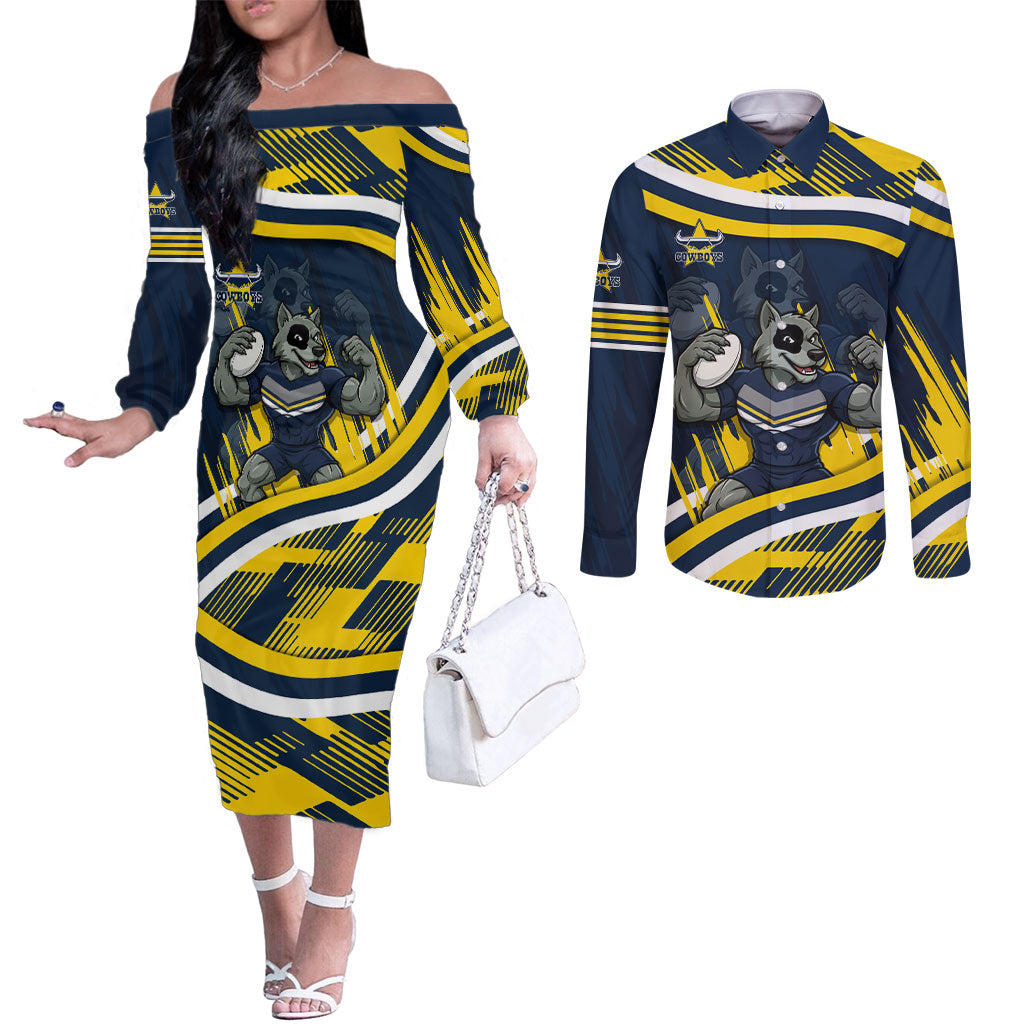 Cowboys Rugby Mascot Couples Matching Off The Shoulder Long Sleeve Dress and Long Sleeve Button Shirt Fierce Athlete Graphic in Sports Style