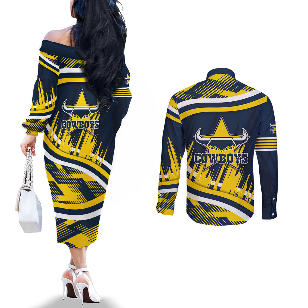 Cowboys Rugby Mascot Couples Matching Off The Shoulder Long Sleeve Dress and Long Sleeve Button Shirt Fierce Athlete Graphic in Sports Style