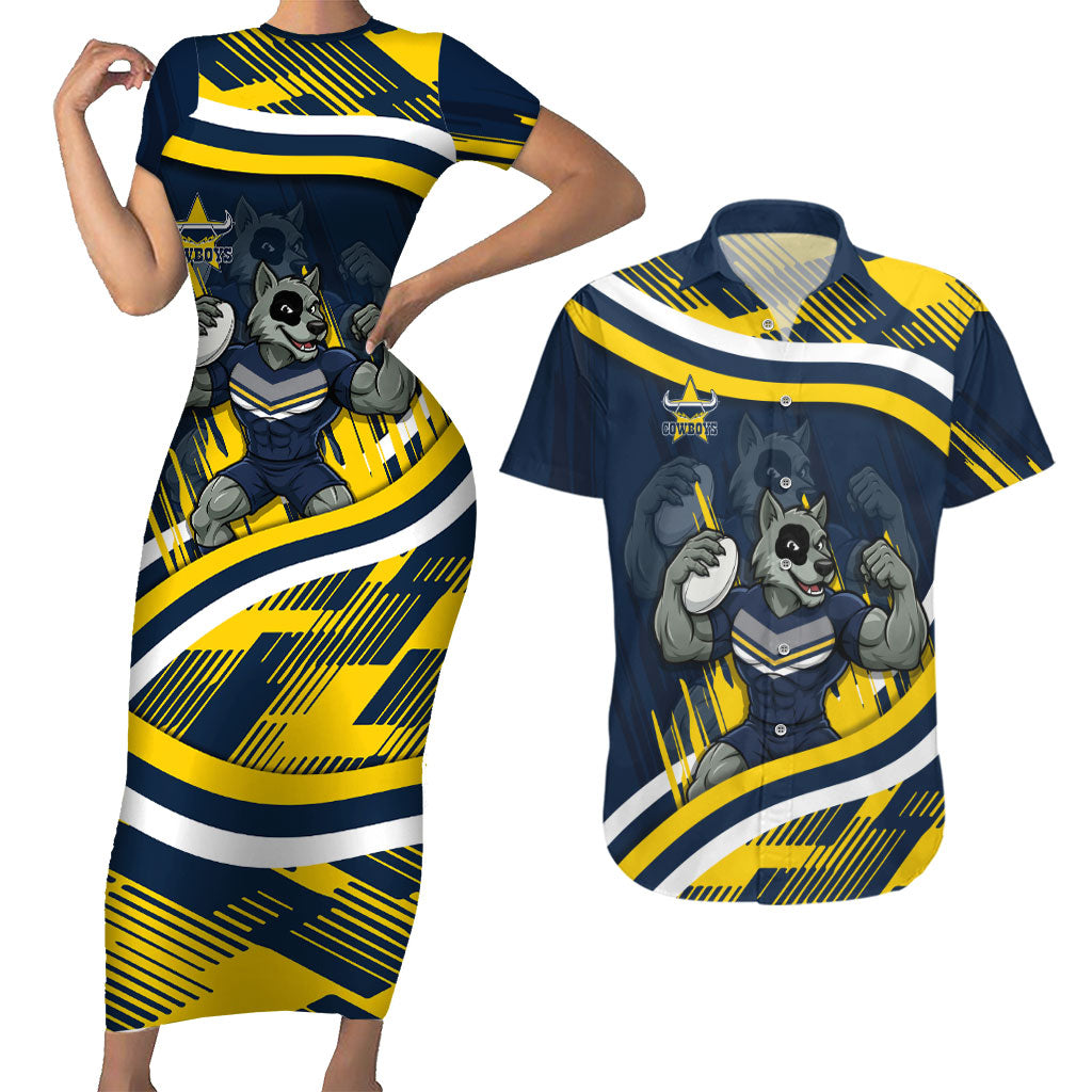 Cowboys Rugby Mascot Couples Matching Short Sleeve Bodycon Dress and Hawaiian Shirt Fierce Athlete Graphic in Sports Style