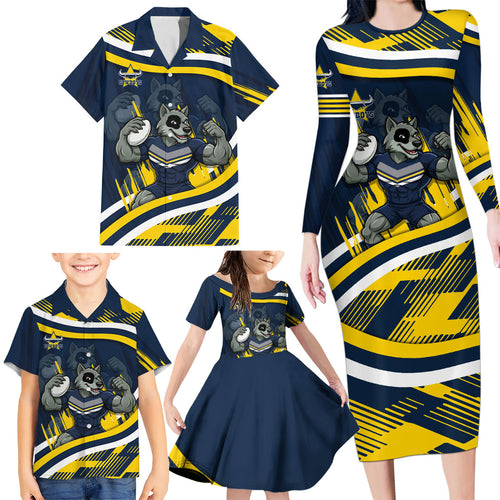 Cowboys Rugby Mascot Family Matching Long Sleeve Bodycon Dress and Hawaiian Shirt Fierce Athlete Graphic in Sports Style