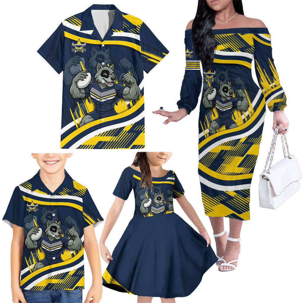 Cowboys Rugby Mascot Family Matching Off The Shoulder Long Sleeve Dress and Hawaiian Shirt Fierce Athlete Graphic in Sports Style
