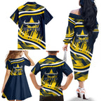 Cowboys Rugby Mascot Family Matching Off The Shoulder Long Sleeve Dress and Hawaiian Shirt Fierce Athlete Graphic in Sports Style