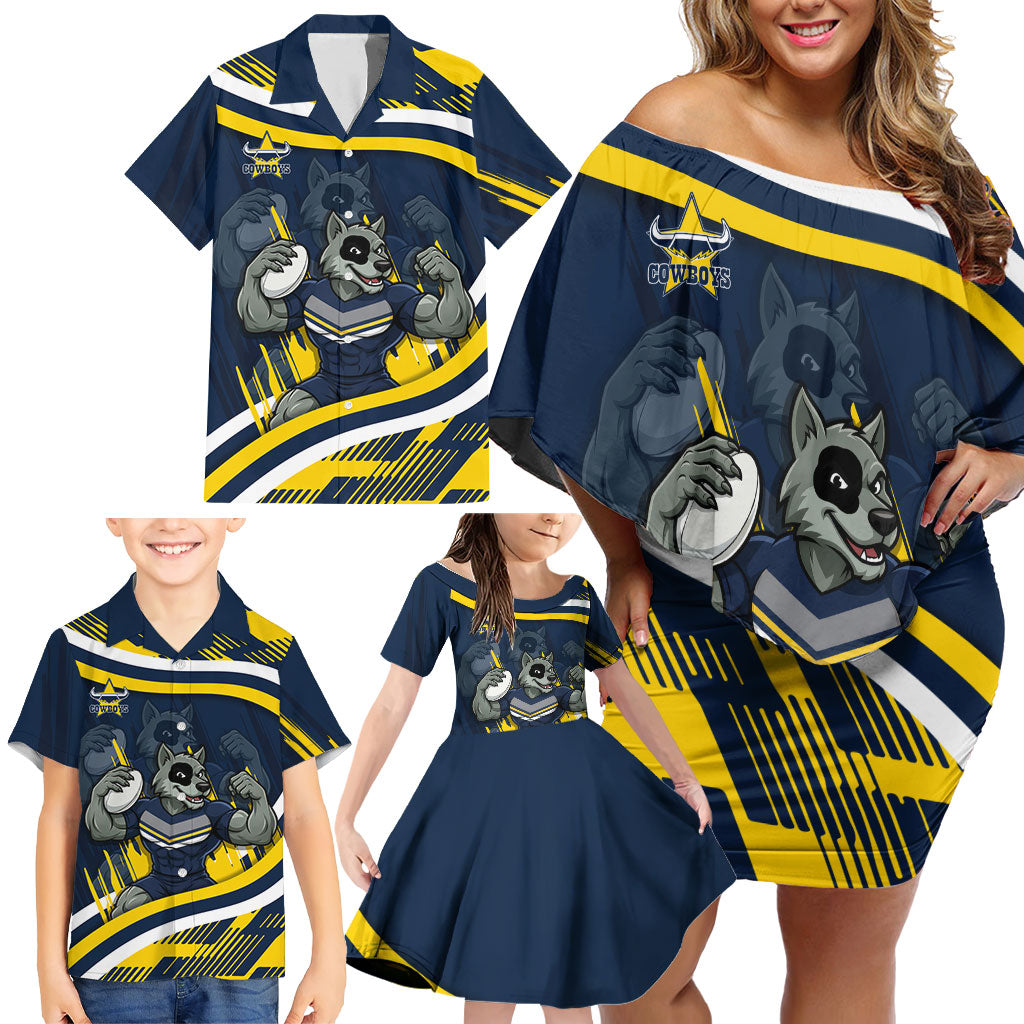 Cowboys Rugby Mascot Family Matching Off Shoulder Short Dress and Hawaiian Shirt Fierce Athlete Graphic in Sports Style