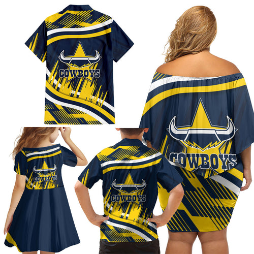 Cowboys Rugby Mascot Family Matching Off Shoulder Short Dress and Hawaiian Shirt Fierce Athlete Graphic in Sports Style