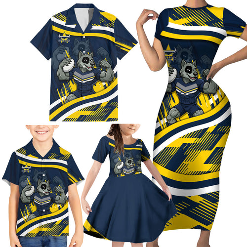 Cowboys Rugby Mascot Family Matching Short Sleeve Bodycon Dress and Hawaiian Shirt Fierce Athlete Graphic in Sports Style