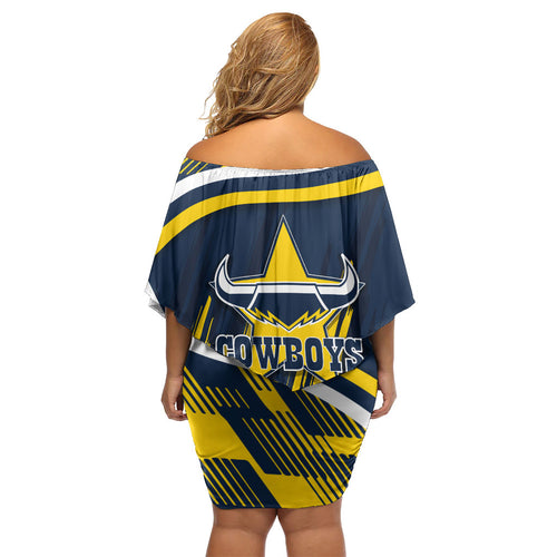 Cowboys Rugby Mascot Off Shoulder Short Dress Fierce Athlete Graphic in Sports Style