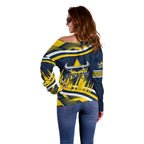 Cowboys Rugby Mascot Off Shoulder Sweater Fierce Athlete Graphic in Sports Style