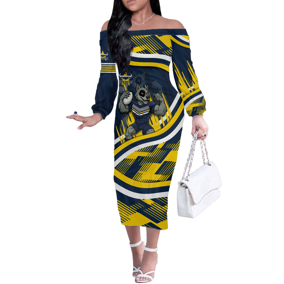 Cowboys Rugby Mascot Off The Shoulder Long Sleeve Dress Fierce Athlete Graphic in Sports Style