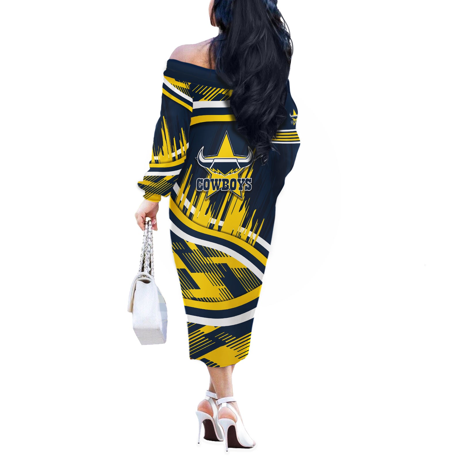 Cowboys Rugby Mascot Off The Shoulder Long Sleeve Dress Fierce Athlete Graphic in Sports Style