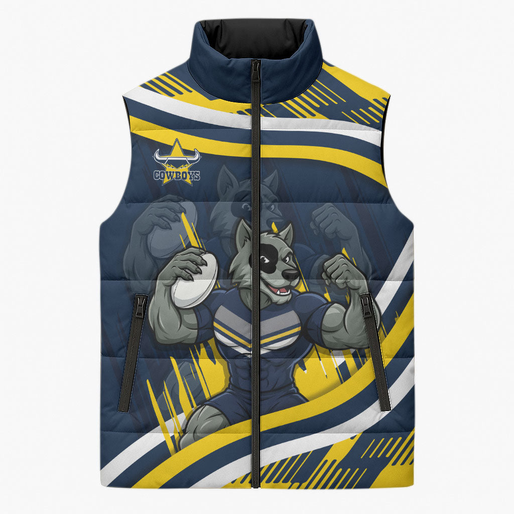 Cowboys Rugby Mascot Sleeveless Puffer Jacket Fierce Athlete Graphic in Sports Style