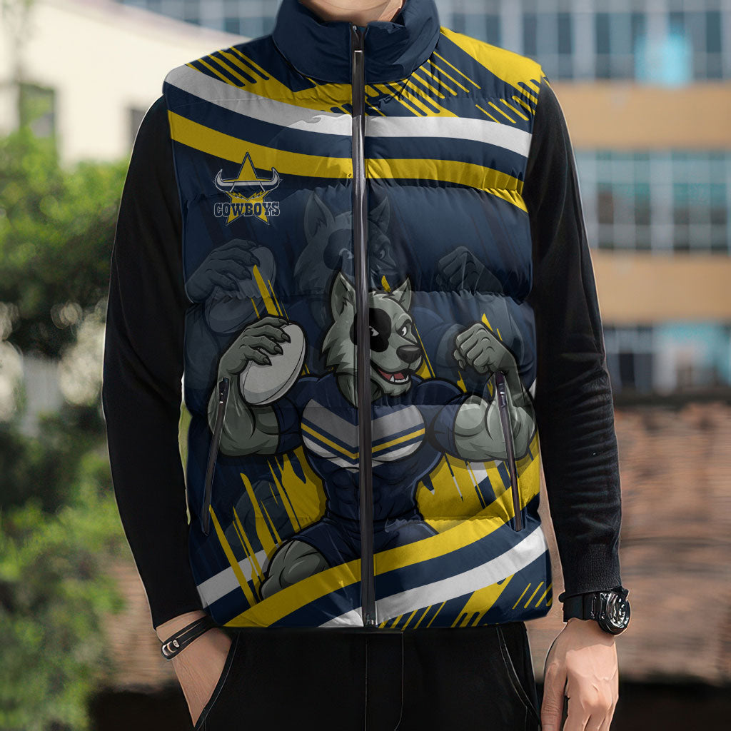 Cowboys Rugby Mascot Sleeveless Puffer Jacket Fierce Athlete Graphic in Sports Style