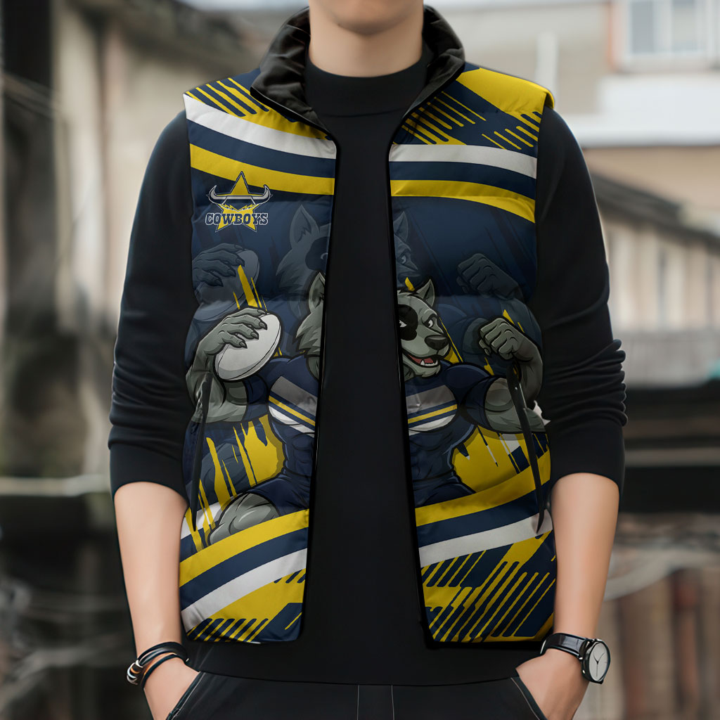 Cowboys Rugby Mascot Sleeveless Puffer Jacket Fierce Athlete Graphic in Sports Style