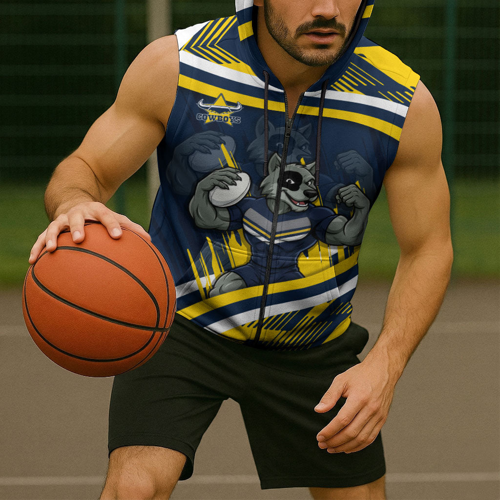 Cowboys Rugby Mascot Sleeveless Zip Hoodie Fierce Athlete Graphic in Sports Style