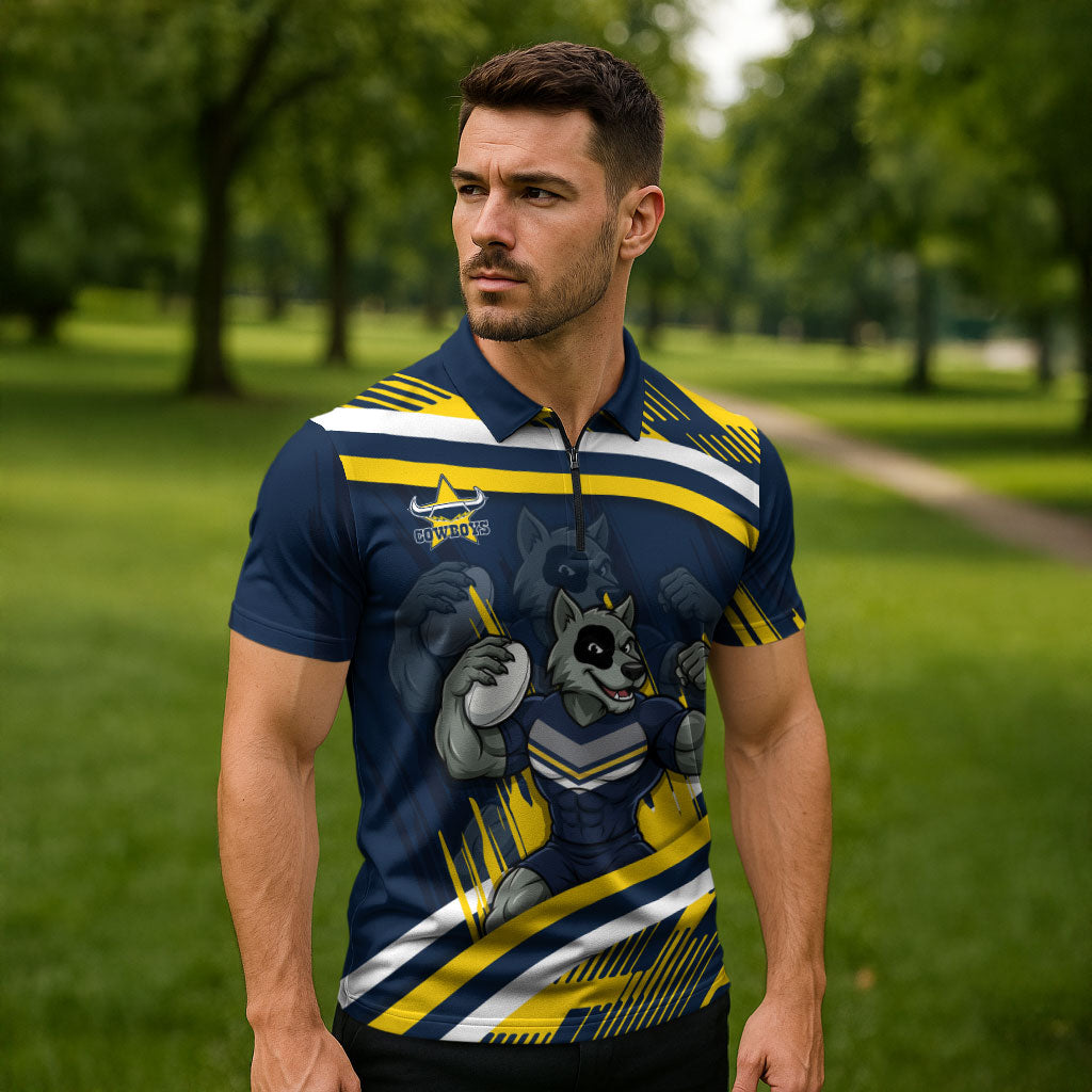 Cowboys Rugby Mascot Zipper Polo Shirt Fierce Athlete Graphic in Sports Style