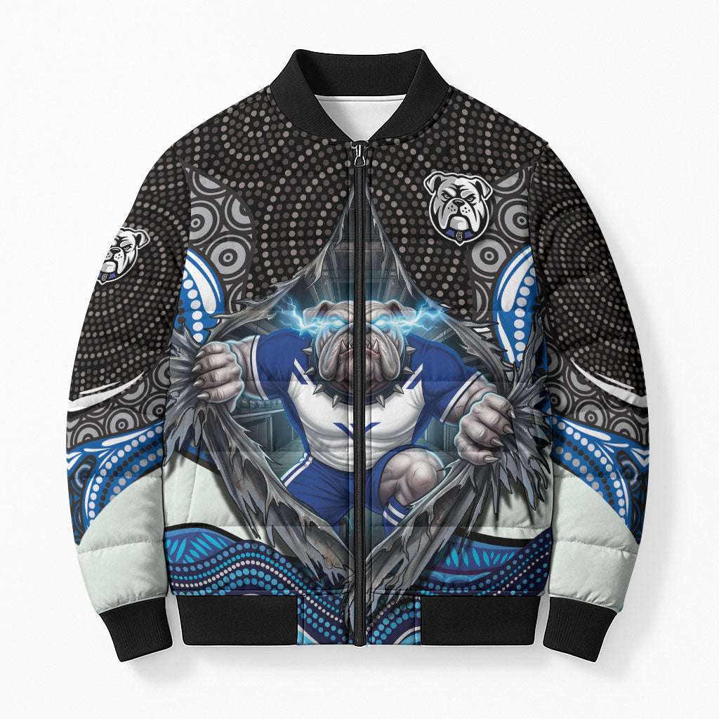 Canterbury Bankstown Bulldogs Rugby Bomber Puffer Jacket The Scream of Lightning Eyes - Indigenous Dot Ripping Effect