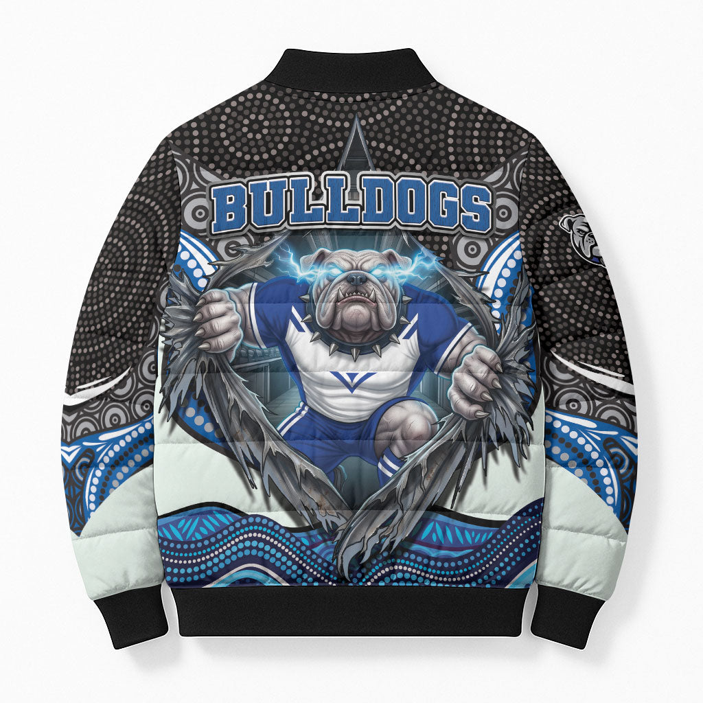 Canterbury Bankstown Bulldogs Rugby Bomber Puffer Jacket The Scream of Lightning Eyes - Indigenous Dot Ripping Effect