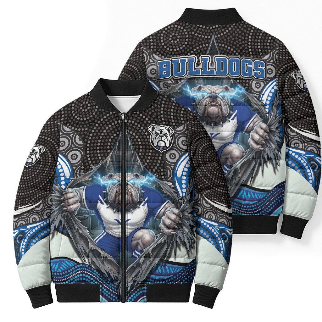 Canterbury Bankstown Bulldogs Rugby Bomber Puffer Jacket The Scream of Lightning Eyes - Indigenous Dot Ripping Effect