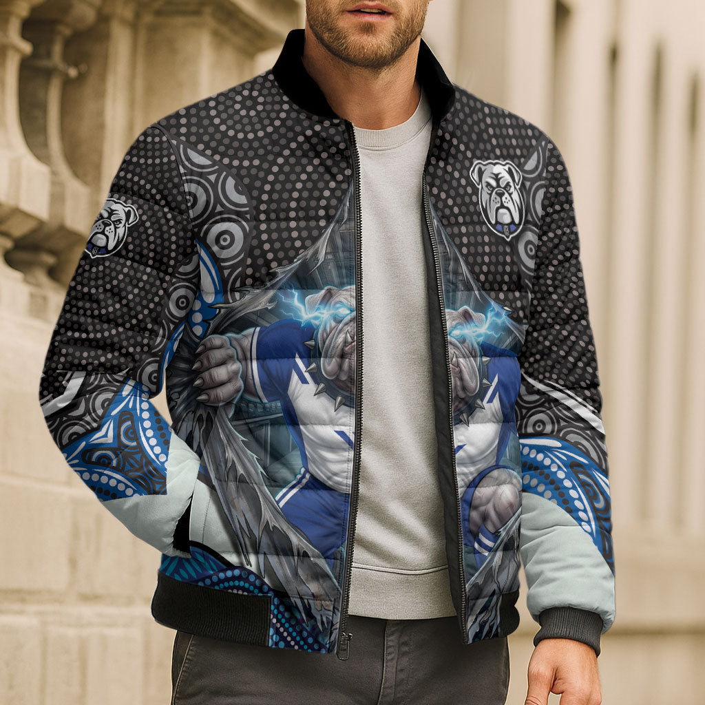 Canterbury Bankstown Bulldogs Rugby Bomber Puffer Jacket The Scream of Lightning Eyes - Indigenous Dot Ripping Effect