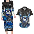 Canterbury Bankstown Bulldogs Rugby Couples Matching Long Sleeve Bodycon Dress and Hawaiian Shirt The Scream of Lightning Eyes - Indigenous Dot Ripping Effect