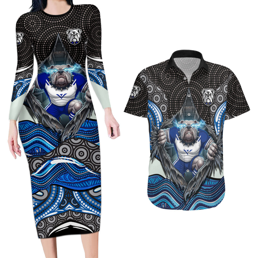 Canterbury Bankstown Bulldogs Rugby Couples Matching Long Sleeve Bodycon Dress and Hawaiian Shirt The Scream of Lightning Eyes - Indigenous Dot Ripping Effect
