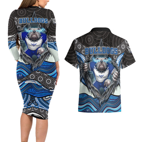 Canterbury Bankstown Bulldogs Rugby Couples Matching Long Sleeve Bodycon Dress and Hawaiian Shirt The Scream of Lightning Eyes - Indigenous Dot Ripping Effect