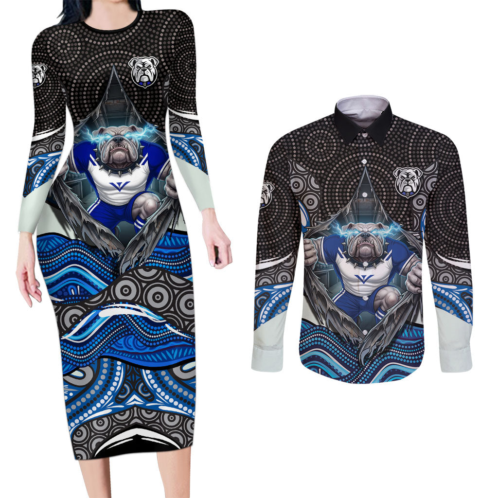 Canterbury Bankstown Bulldogs Rugby Couples Matching Long Sleeve Bodycon Dress and Long Sleeve Button Shirt The Scream of Lightning Eyes - Indigenous Dot Ripping Effect