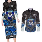 Canterbury Bankstown Bulldogs Rugby Couples Matching Long Sleeve Bodycon Dress and Long Sleeve Button Shirt The Scream of Lightning Eyes - Indigenous Dot Ripping Effect