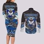 Canterbury Bankstown Bulldogs Rugby Couples Matching Long Sleeve Bodycon Dress and Long Sleeve Button Shirt The Scream of Lightning Eyes - Indigenous Dot Ripping Effect