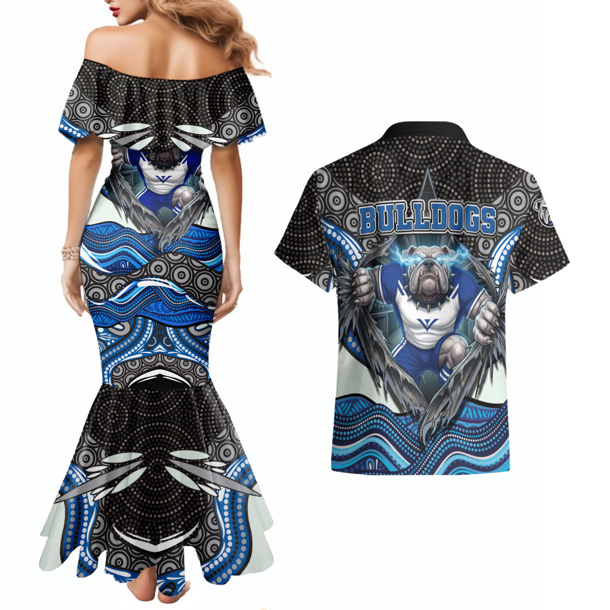 Canterbury Bankstown Bulldogs Rugby Couples Matching Mermaid Dress and Hawaiian Shirt The Scream of Lightning Eyes - Indigenous Dot Ripping Effect
