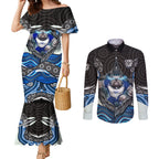 Canterbury Bankstown Bulldogs Rugby Couples Matching Mermaid Dress and Long Sleeve Button Shirt The Scream of Lightning Eyes - Indigenous Dot Ripping Effect