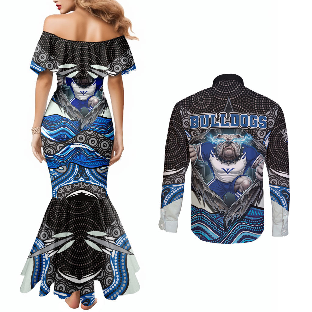 Canterbury Bankstown Bulldogs Rugby Couples Matching Mermaid Dress and Long Sleeve Button Shirt The Scream of Lightning Eyes - Indigenous Dot Ripping Effect