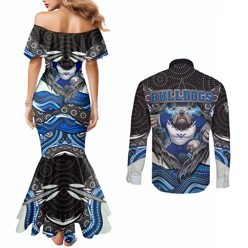 Canterbury Bankstown Bulldogs Rugby Couples Matching Mermaid Dress and Long Sleeve Button Shirt The Scream of Lightning Eyes - Indigenous Dot Ripping Effect