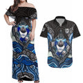Canterbury Bankstown Bulldogs Rugby Couples Matching Off Shoulder Maxi Dress and Hawaiian Shirt The Scream of Lightning Eyes - Indigenous Dot Ripping Effect