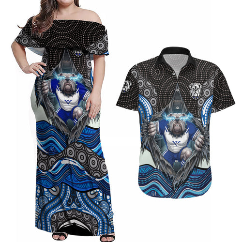 Canterbury Bankstown Bulldogs Rugby Couples Matching Off Shoulder Maxi Dress and Hawaiian Shirt The Scream of Lightning Eyes - Indigenous Dot Ripping Effect