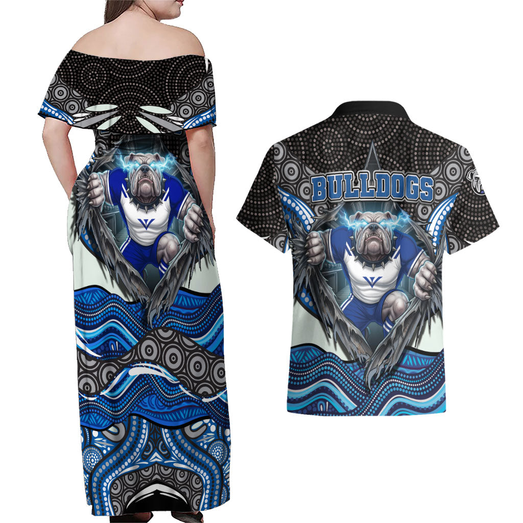 Canterbury Bankstown Bulldogs Rugby Couples Matching Off Shoulder Maxi Dress and Hawaiian Shirt The Scream of Lightning Eyes - Indigenous Dot Ripping Effect