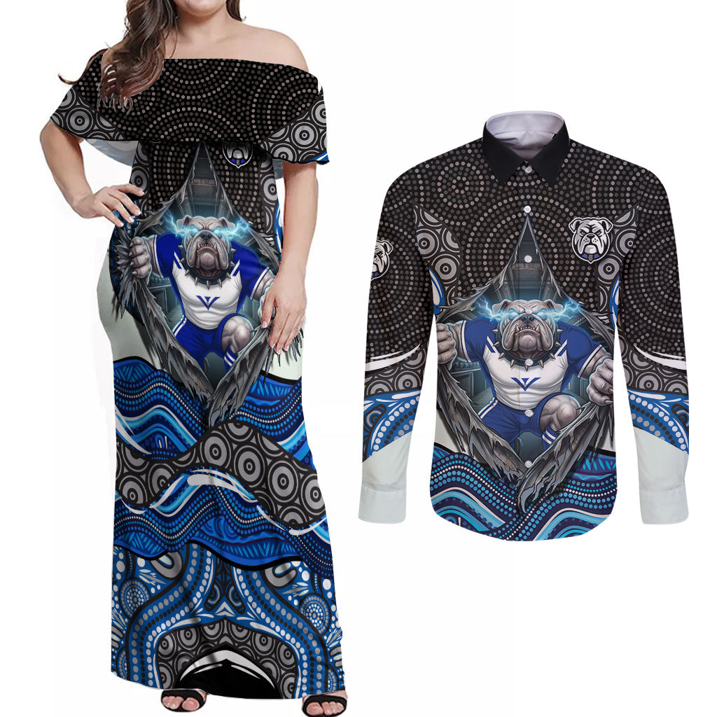 Canterbury Bankstown Bulldogs Rugby Couples Matching Off Shoulder Maxi Dress and Long Sleeve Button Shirt The Scream of Lightning Eyes - Indigenous Dot Ripping Effect