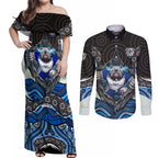Canterbury Bankstown Bulldogs Rugby Couples Matching Off Shoulder Maxi Dress and Long Sleeve Button Shirt The Scream of Lightning Eyes - Indigenous Dot Ripping Effect