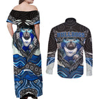 Canterbury Bankstown Bulldogs Rugby Couples Matching Off Shoulder Maxi Dress and Long Sleeve Button Shirt The Scream of Lightning Eyes - Indigenous Dot Ripping Effect