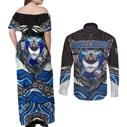 Canterbury Bankstown Bulldogs Rugby Couples Matching Off Shoulder Maxi Dress and Long Sleeve Button Shirt The Scream of Lightning Eyes - Indigenous Dot Ripping Effect