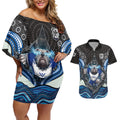 Canterbury Bankstown Bulldogs Rugby Couples Matching Off Shoulder Short Dress and Hawaiian Shirt The Scream of Lightning Eyes - Indigenous Dot Ripping Effect