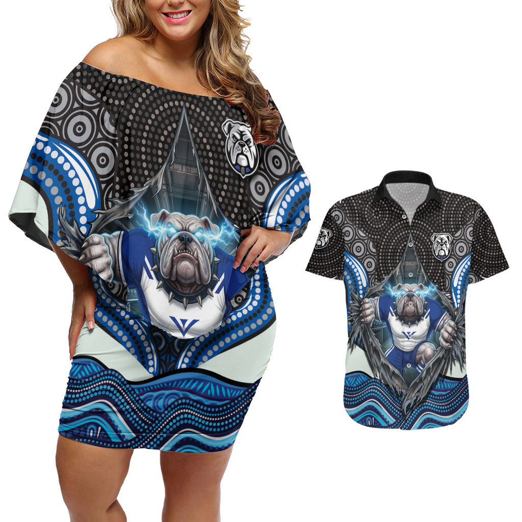 Canterbury Bankstown Bulldogs Rugby Couples Matching Off Shoulder Short Dress and Hawaiian Shirt The Scream of Lightning Eyes - Indigenous Dot Ripping Effect