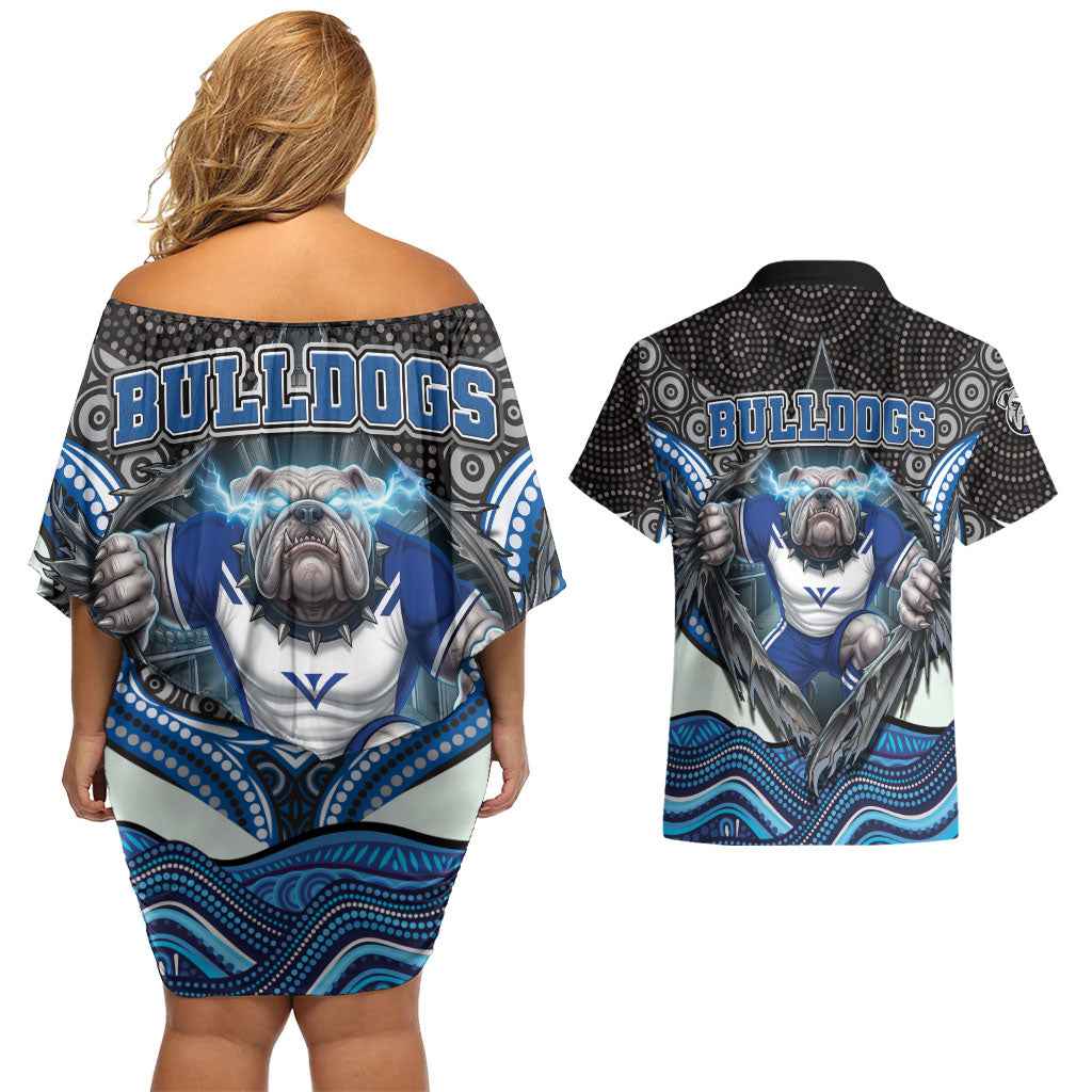 Canterbury Bankstown Bulldogs Rugby Couples Matching Off Shoulder Short Dress and Hawaiian Shirt The Scream of Lightning Eyes - Indigenous Dot Ripping Effect