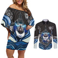 Canterbury Bankstown Bulldogs Rugby Couples Matching Off Shoulder Short Dress and Long Sleeve Button Shirt The Scream of Lightning Eyes - Indigenous Dot Ripping Effect