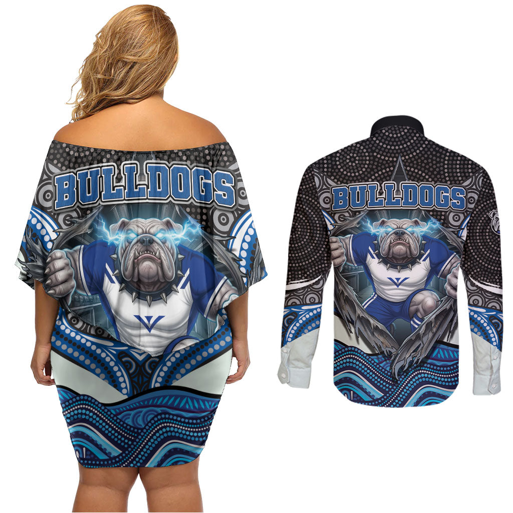 Canterbury Bankstown Bulldogs Rugby Couples Matching Off Shoulder Short Dress and Long Sleeve Button Shirt The Scream of Lightning Eyes - Indigenous Dot Ripping Effect