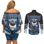 Canterbury Bankstown Bulldogs Rugby Couples Matching Off Shoulder Short Dress and Long Sleeve Button Shirt The Scream of Lightning Eyes - Indigenous Dot Ripping Effect