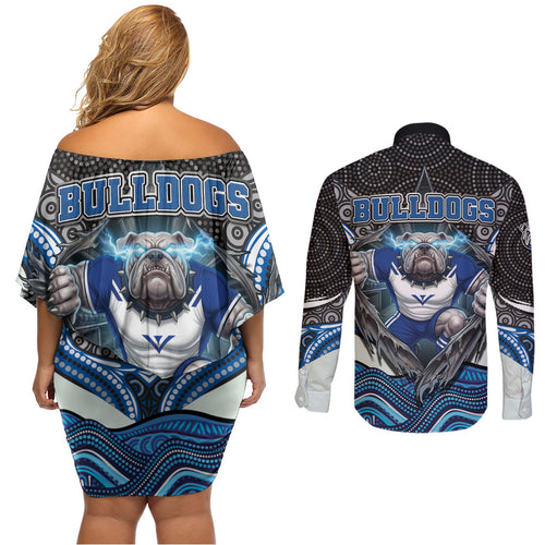 Canterbury Bankstown Bulldogs Rugby Couples Matching Off Shoulder Short Dress and Long Sleeve Button Shirt The Scream of Lightning Eyes - Indigenous Dot Ripping Effect
