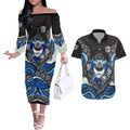 Canterbury Bankstown Bulldogs Rugby Couples Matching Off The Shoulder Long Sleeve Dress and Hawaiian Shirt The Scream of Lightning Eyes - Indigenous Dot Ripping Effect