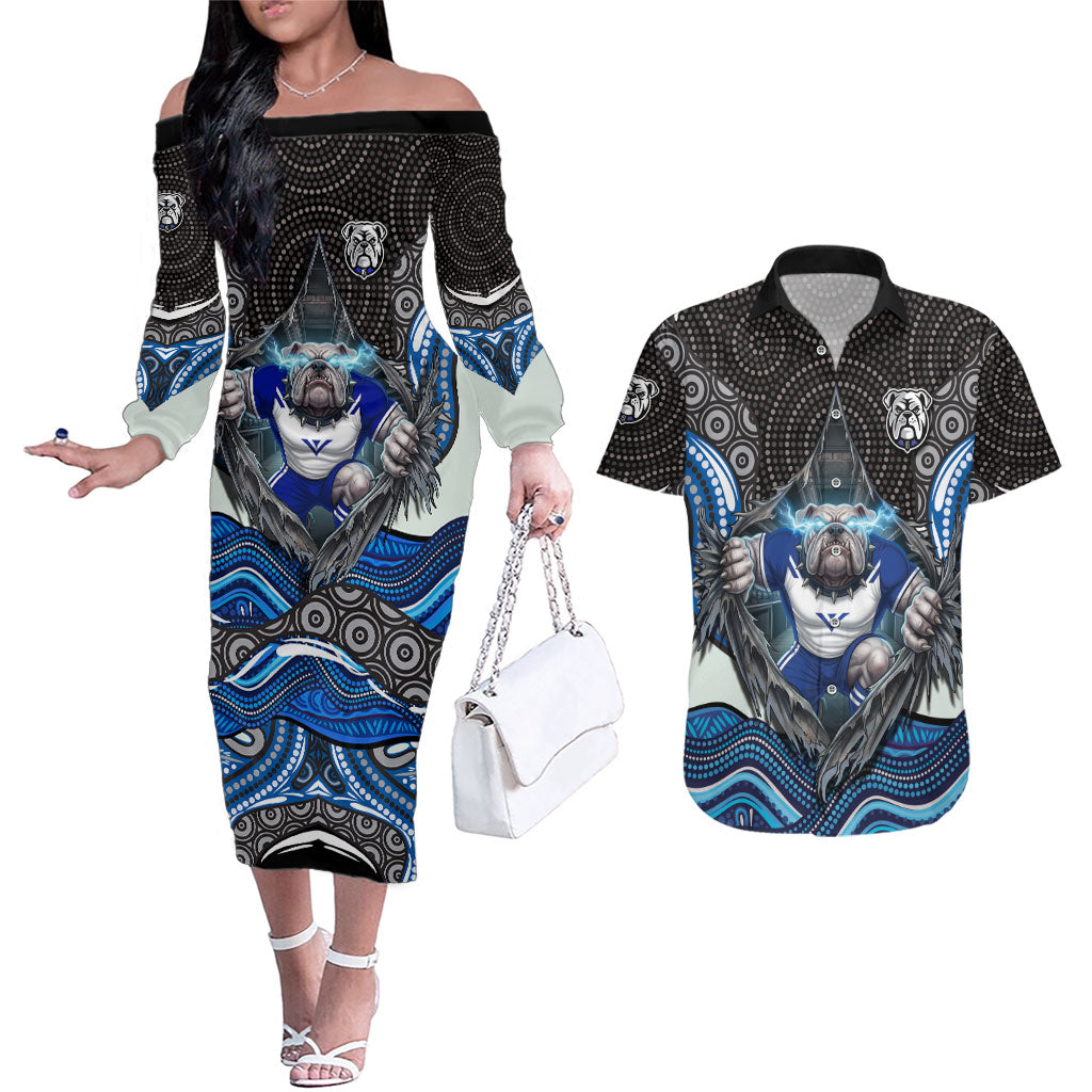 Canterbury Bankstown Bulldogs Rugby Couples Matching Off The Shoulder Long Sleeve Dress and Hawaiian Shirt The Scream of Lightning Eyes - Indigenous Dot Ripping Effect