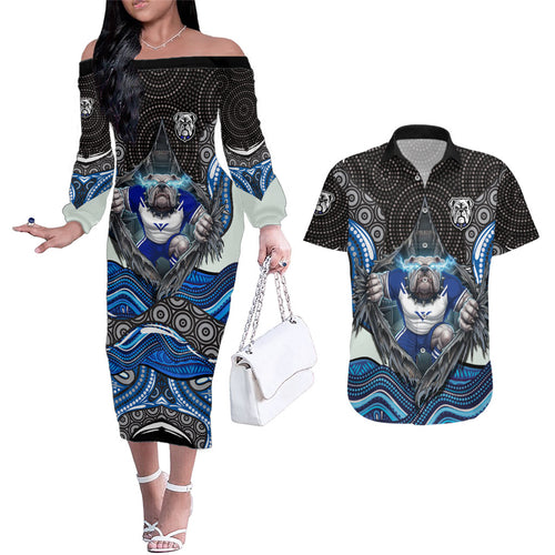 Canterbury Bankstown Bulldogs Rugby Couples Matching Off The Shoulder Long Sleeve Dress and Hawaiian Shirt The Scream of Lightning Eyes - Indigenous Dot Ripping Effect